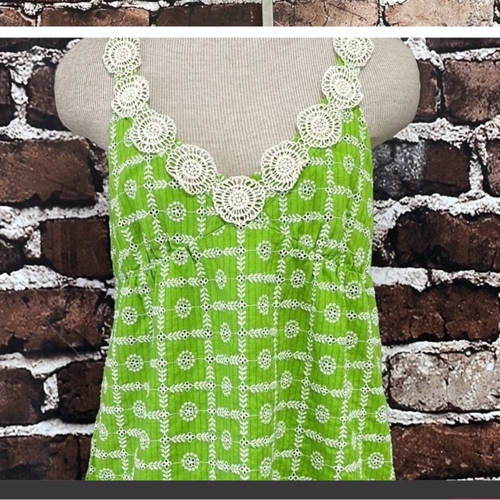 Tibi Dress Mini Green Floral Embroidery Cream Eyelet Sleeveless Size 8